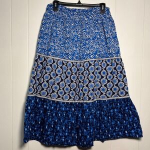 Susan Graver Blue Floral Patchwork Tiered Midi Skirt Sz Medium Boho Cottagecore